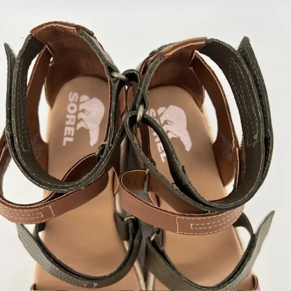 Sorel Cameron Wedge Multi-Strap Sandals Womens 8.5 Green Brown Leather Comfort